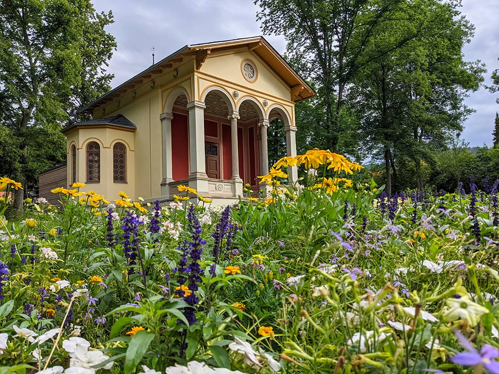 Blick auf den Pavillon im Goethe-Park Jena, im Bildvordergrund eine reich blühende Blumenwiese