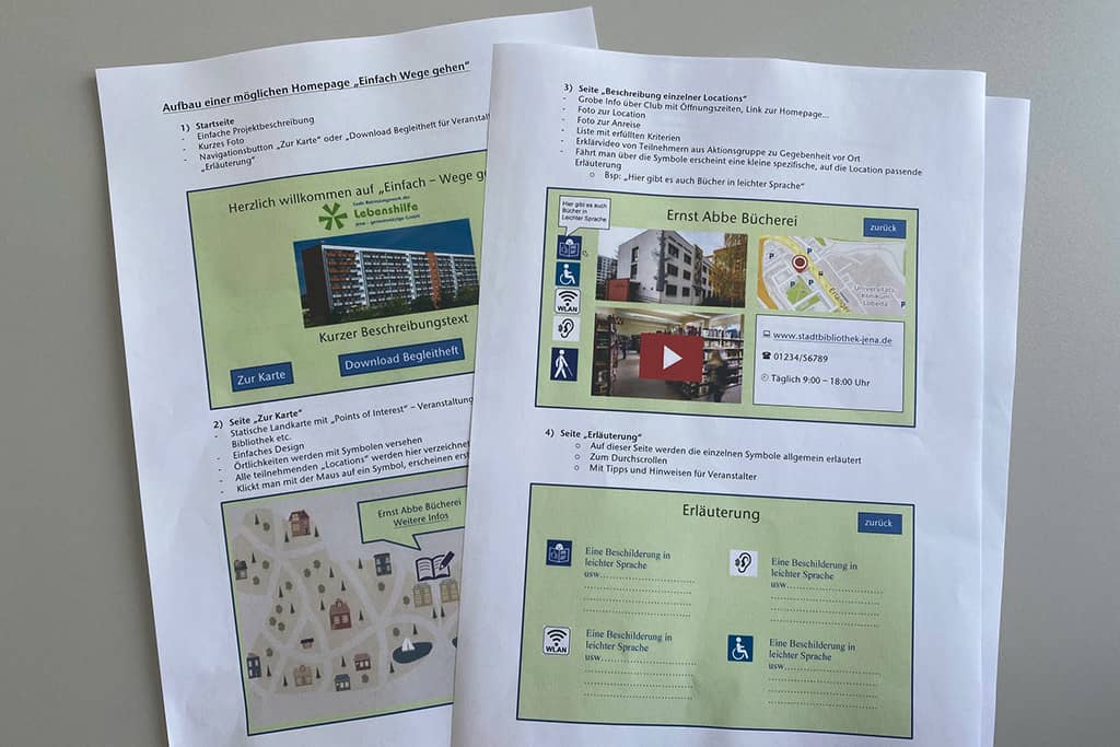 Workshop-Skizze in Papierform: Planung der barrierfreien Website und Stadtkarte von Jena Lobeda